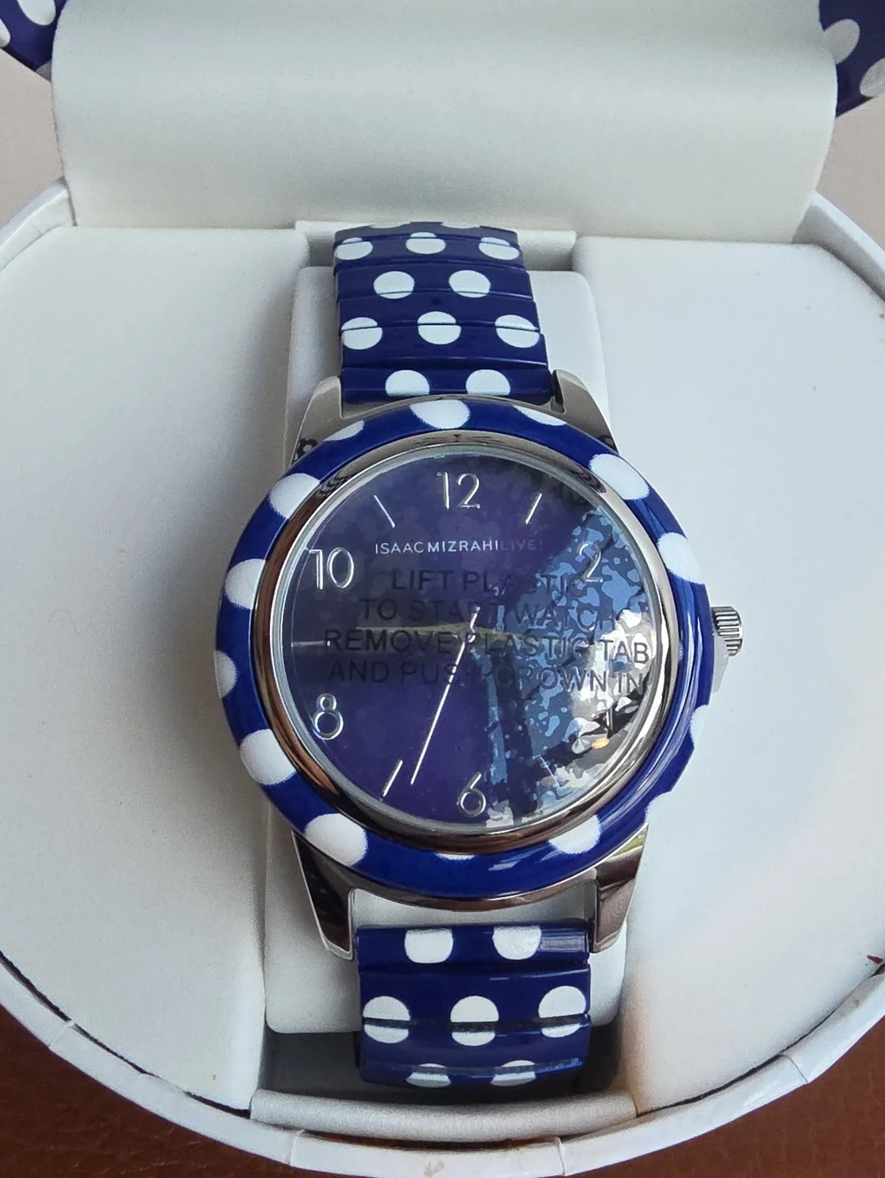 ISAAC MIZRAHI NEW Navy Polka Dot Stretch Band Women's Watch